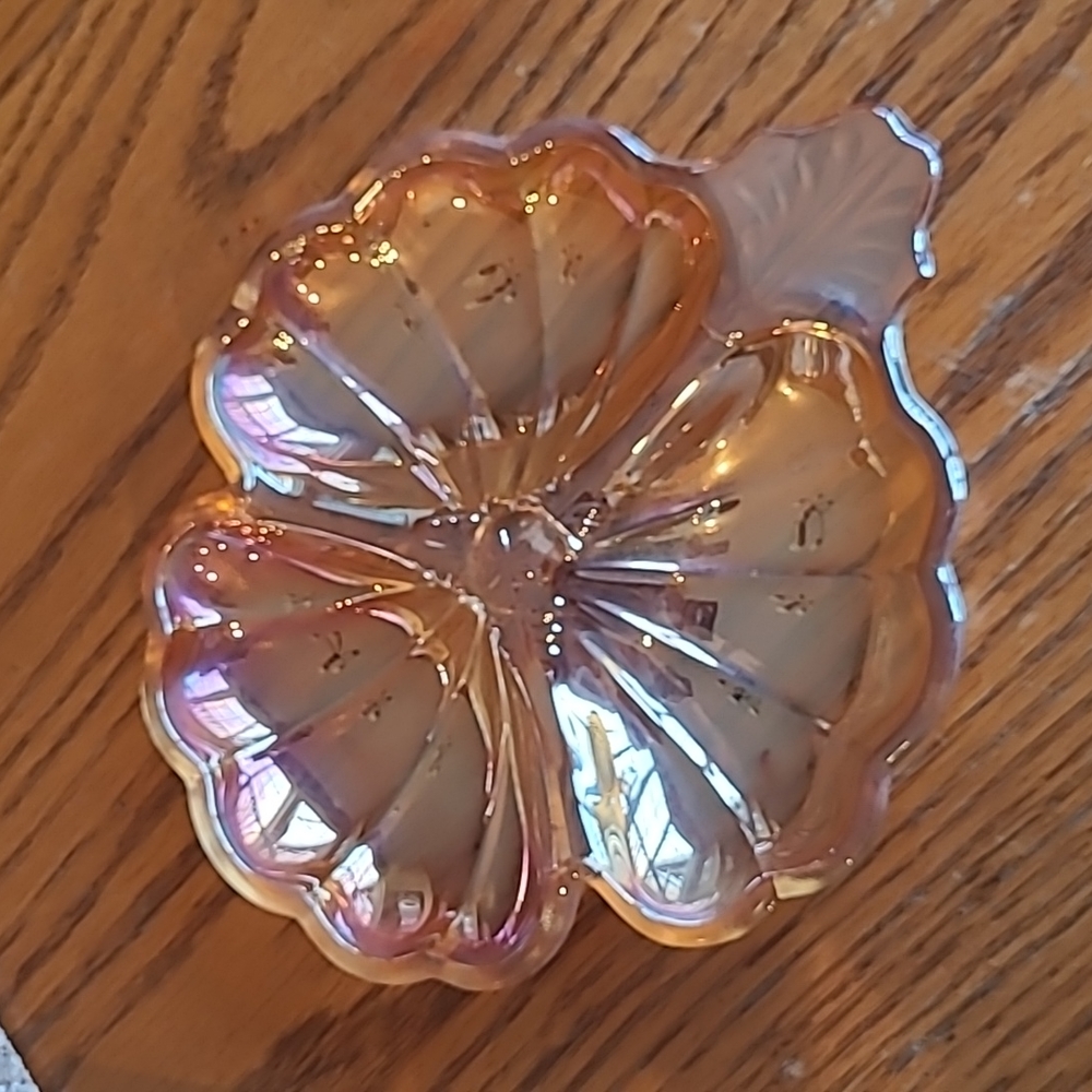 Vintage Carnival Glass Peach Lustre Dish Clover Shape Divided Candy Trinket Dish